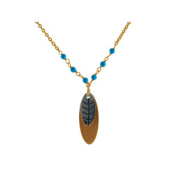 16 in. Plus 2 in. Extension Silver Gold Plated Feather Double Oval Plate Pendant Necklace with Turqoise Beads