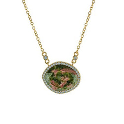 Fronay Collection 211479U 16 in. Plus 2 in. Silver Gold Plated Unakite Slice with Cubic Zirconia Around Necklace