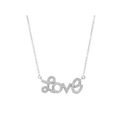 Fronay 101173 16 & 2 in. Pave Love Script Necklace in Rhodium Plated Sterling Silver