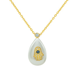 Fronay 111808G 15.5-17.5 in. Mother of Pearl Hamsa Drop Pendant Necklace
