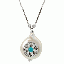 Silver Coin Pearl & Turquoise Pendant Necklace&#44; 16 in. Plus 2 in.