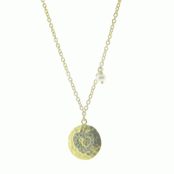 Silver Gold Plated Hammer Look 15 mm Disc CZ Silouette Heart & Pearl Necklace&#44; 16 Plus 2 in.
